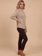 Women’s High-Neck Cable Knit Sweater – Cozy Loose Fit & Ribbed Hem Detail
