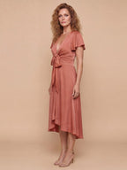 Women’s Dress – Tie-Front Flutter Sleeve Summer Midi Dress