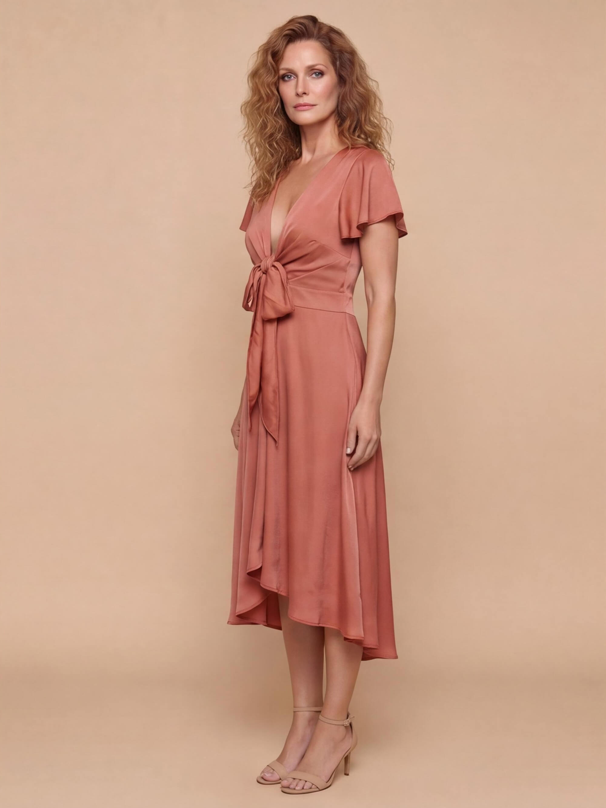 Women’s Dress – Tie-Front Flutter Sleeve Summer Midi Dress
