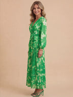 Women’s Dress – Deep V-Neck Long-Sleeve Satin Maxi Dress