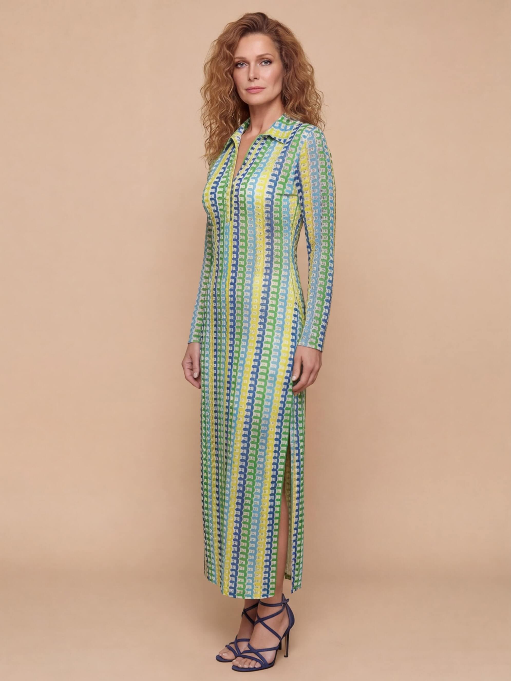 Valeria Printed Long Sleeve Midi Dress – Blue/Pink