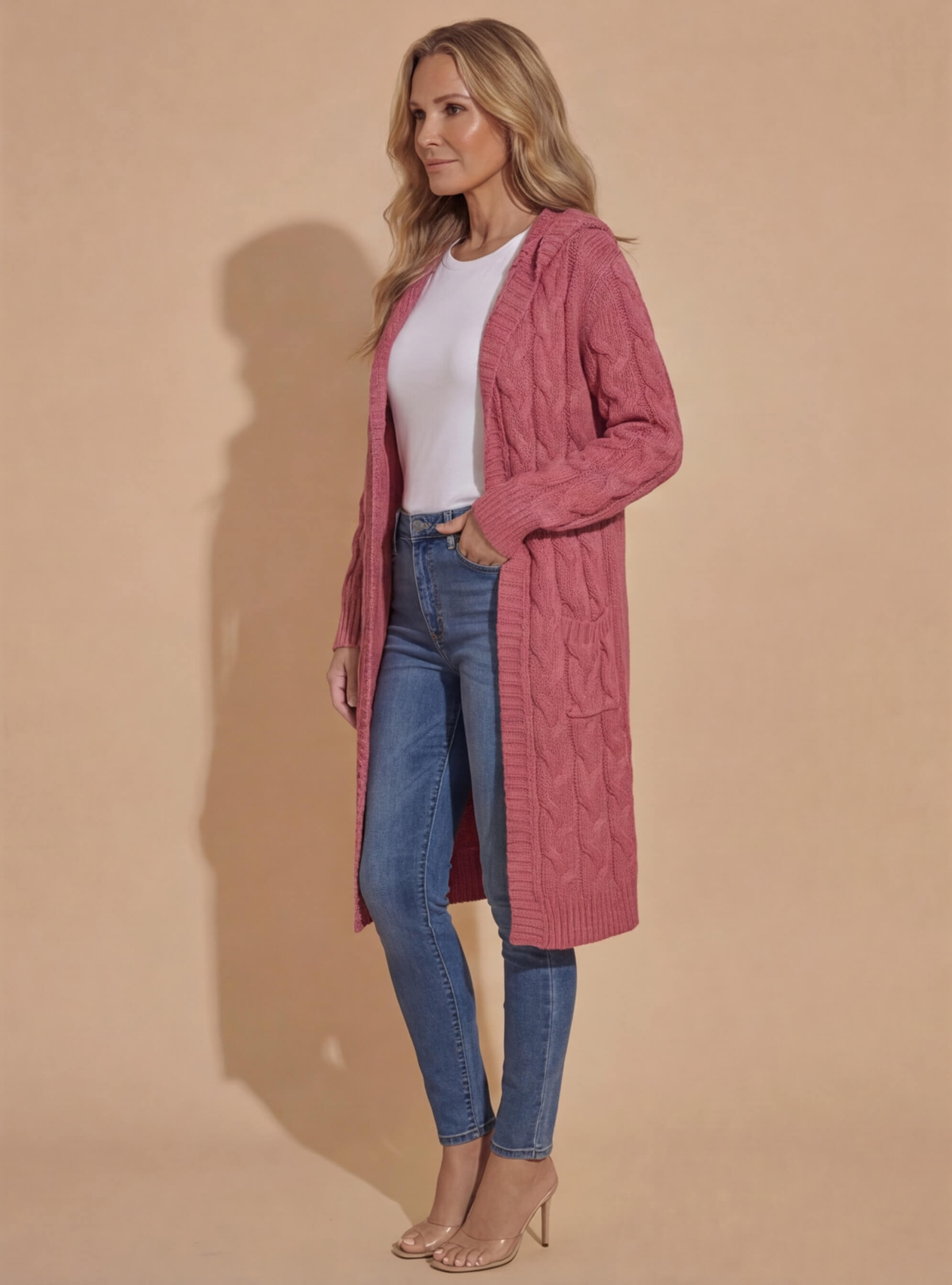 Women’s Hooded Cable Knit Cardigan – Longline Warmth & Pocket Comfort