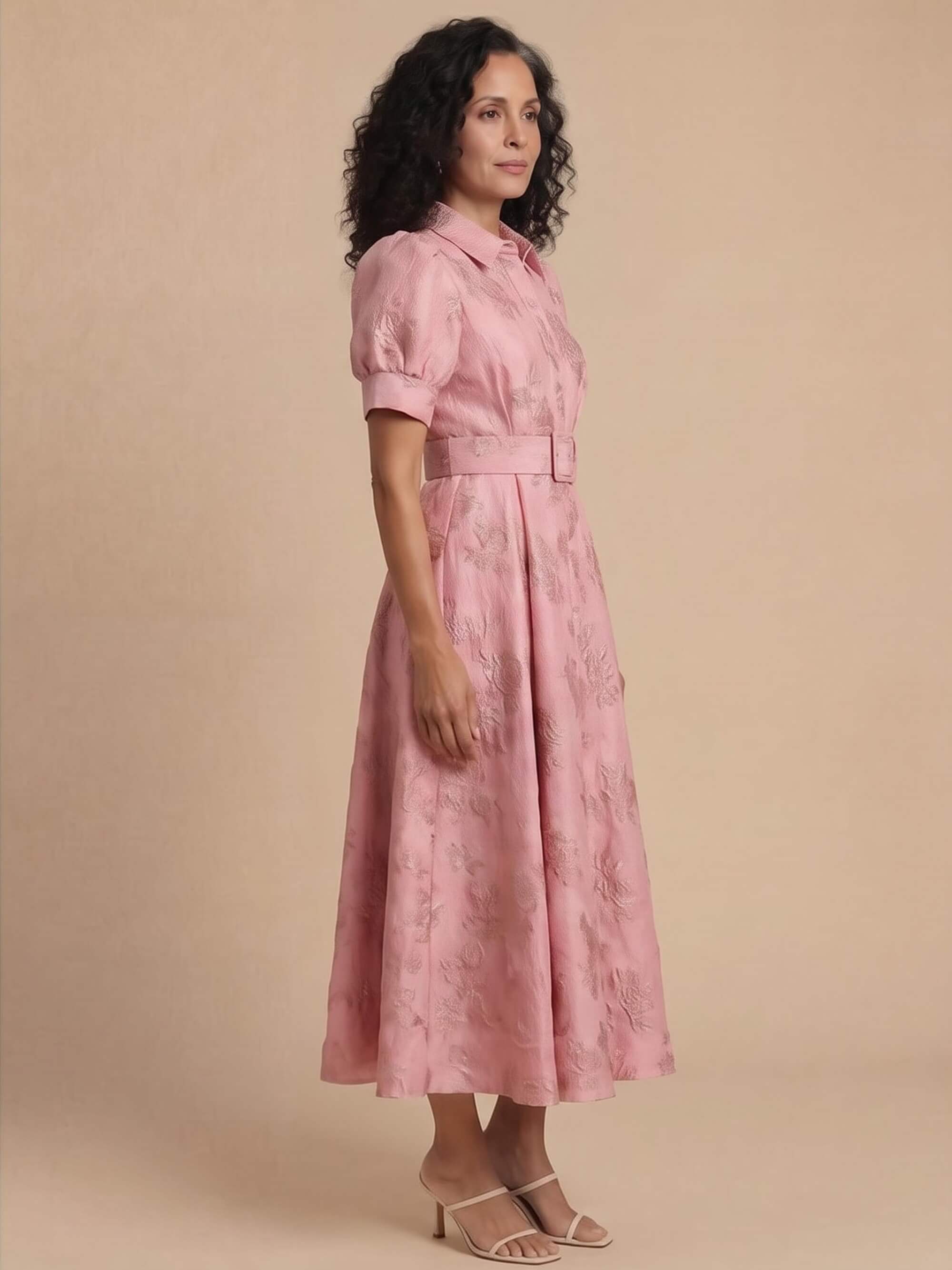Women’s Belted Puff Sleeve Maxi Shirt Dress