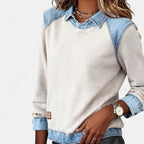 Women’s Denim Collar Detail Long-Sleeve Knit Top