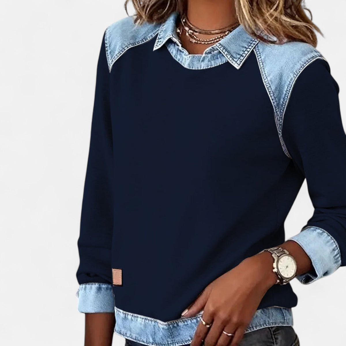 Women’s Denim Collar Detail Long-Sleeve Knit Top