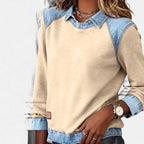 Women’s Denim Collar Detail Long-Sleeve Knit Top