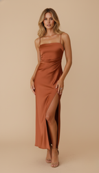 Women’s Dress – Satin Spaghetti-Strap Maxi Dress with Side Slit