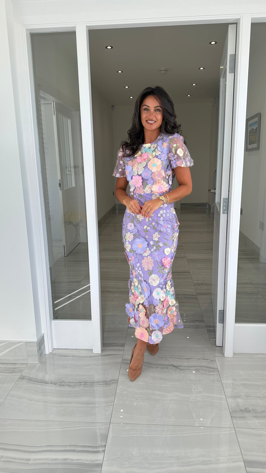 Maribel 3D Floral Midi Dress – Lilac