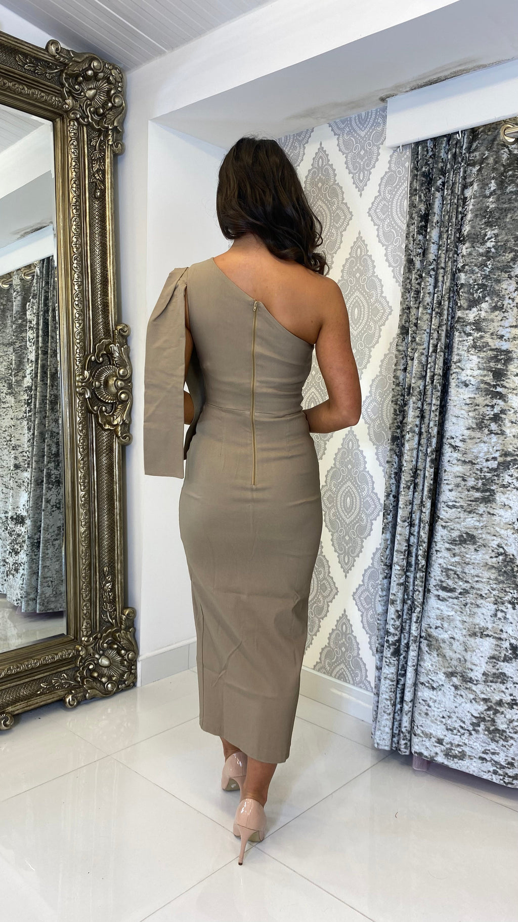 Elara One Shoulder Midi Dress – Taupe