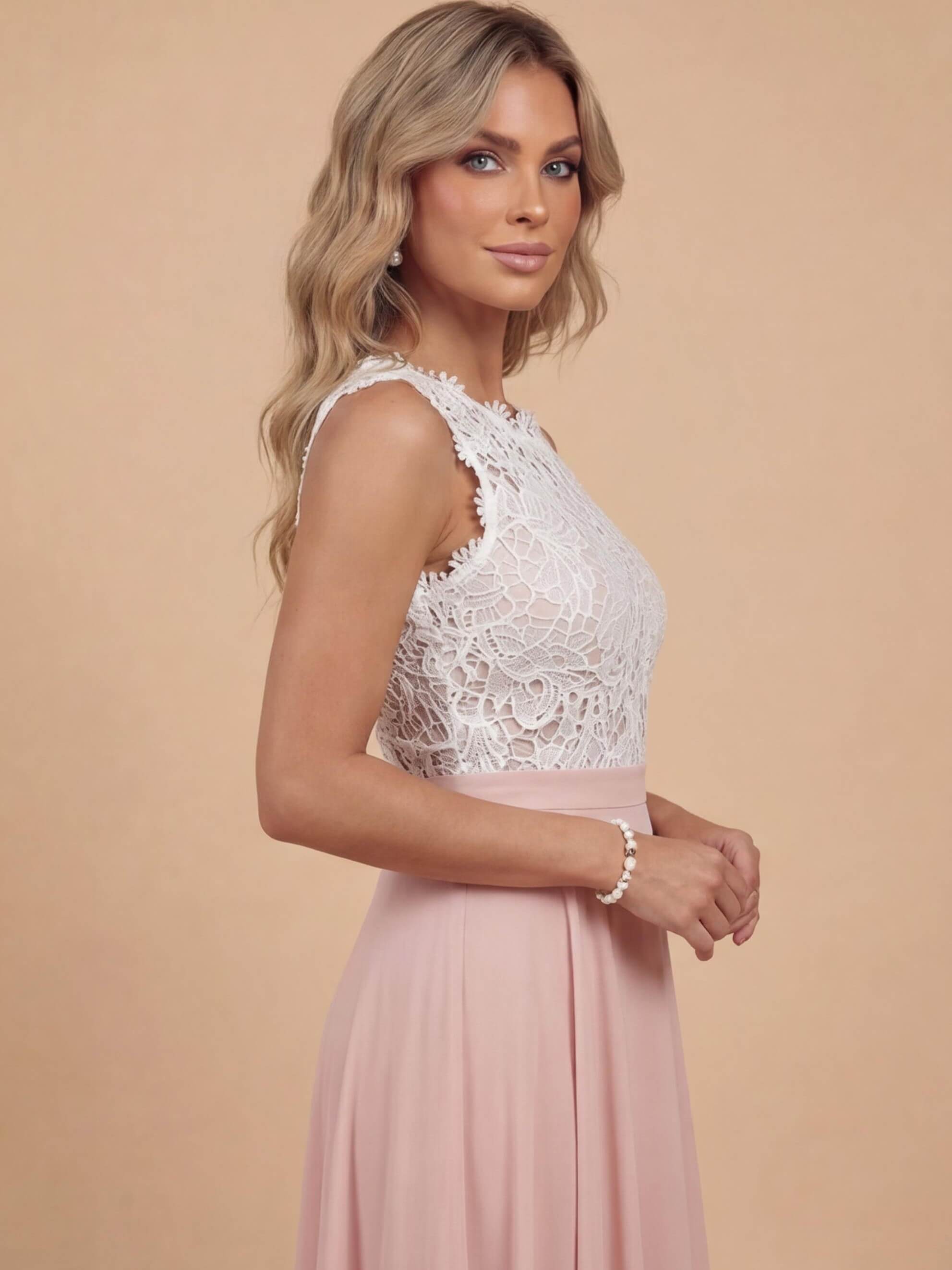 Women's sleeveless maxi dress with a lace top and chiffon skirt
