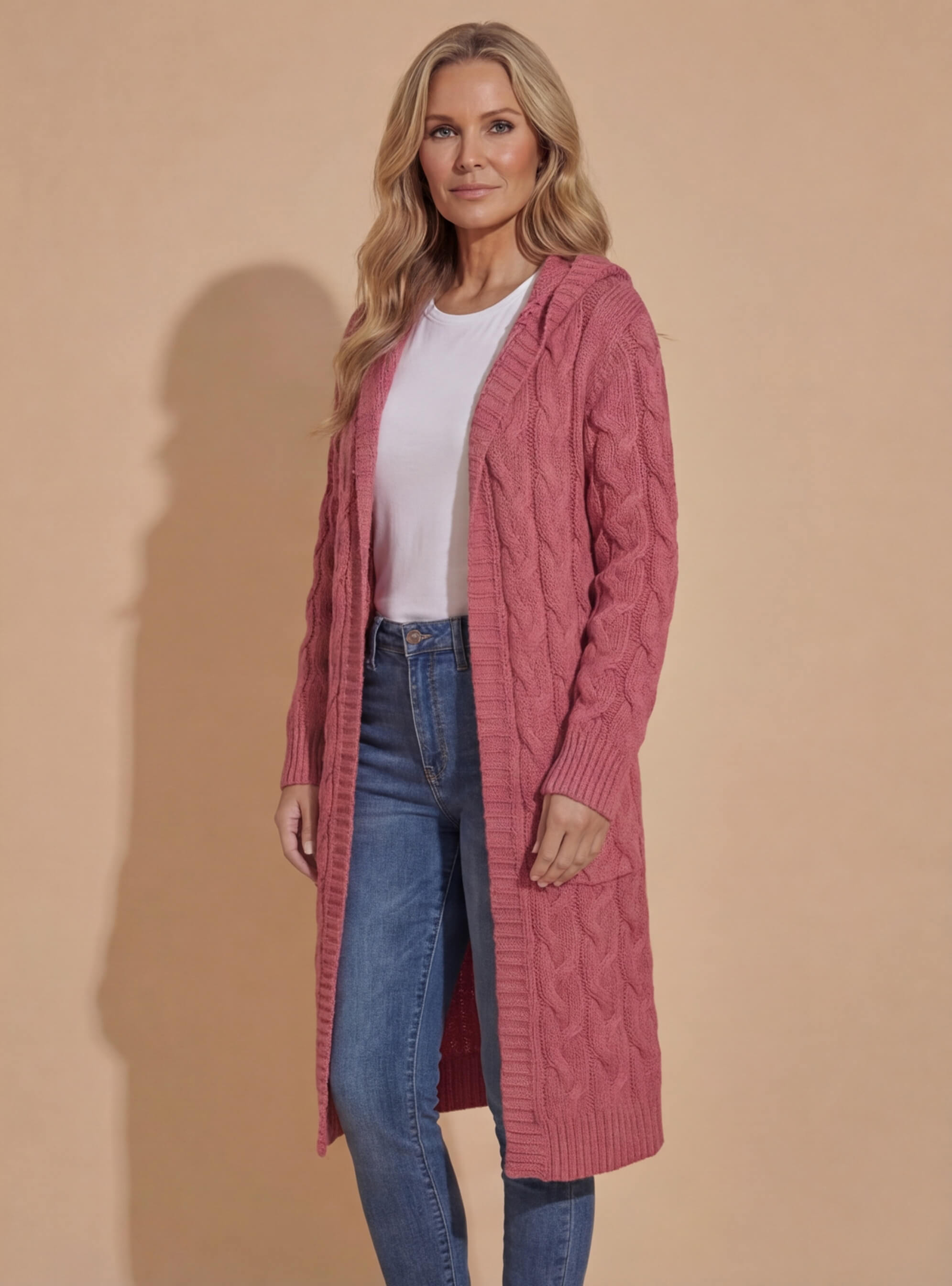 Women’s Hooded Cable Knit Cardigan – Longline Warmth & Pocket Comfort