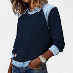 Women’s Denim Collar Detail Long-Sleeve Knit Top