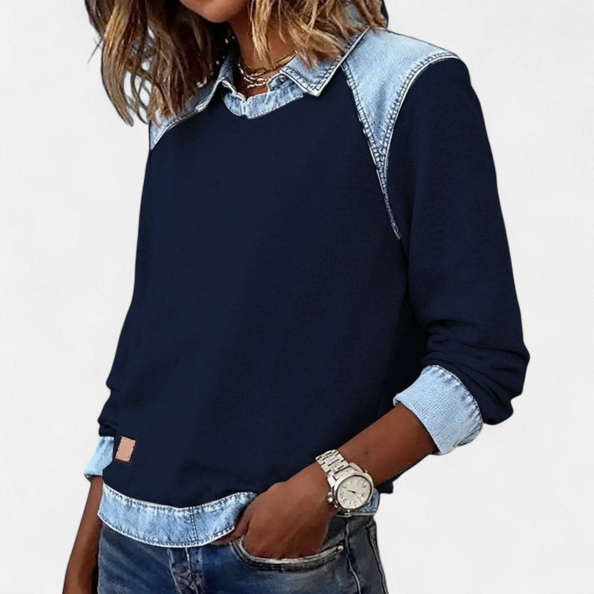 Women’s Denim Collar Detail Long-Sleeve Knit Top