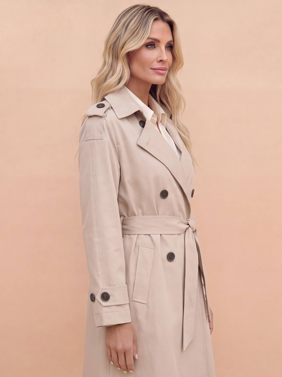 Women’s Double-Breasted Belted Trench Coat with Shoulder Tabs