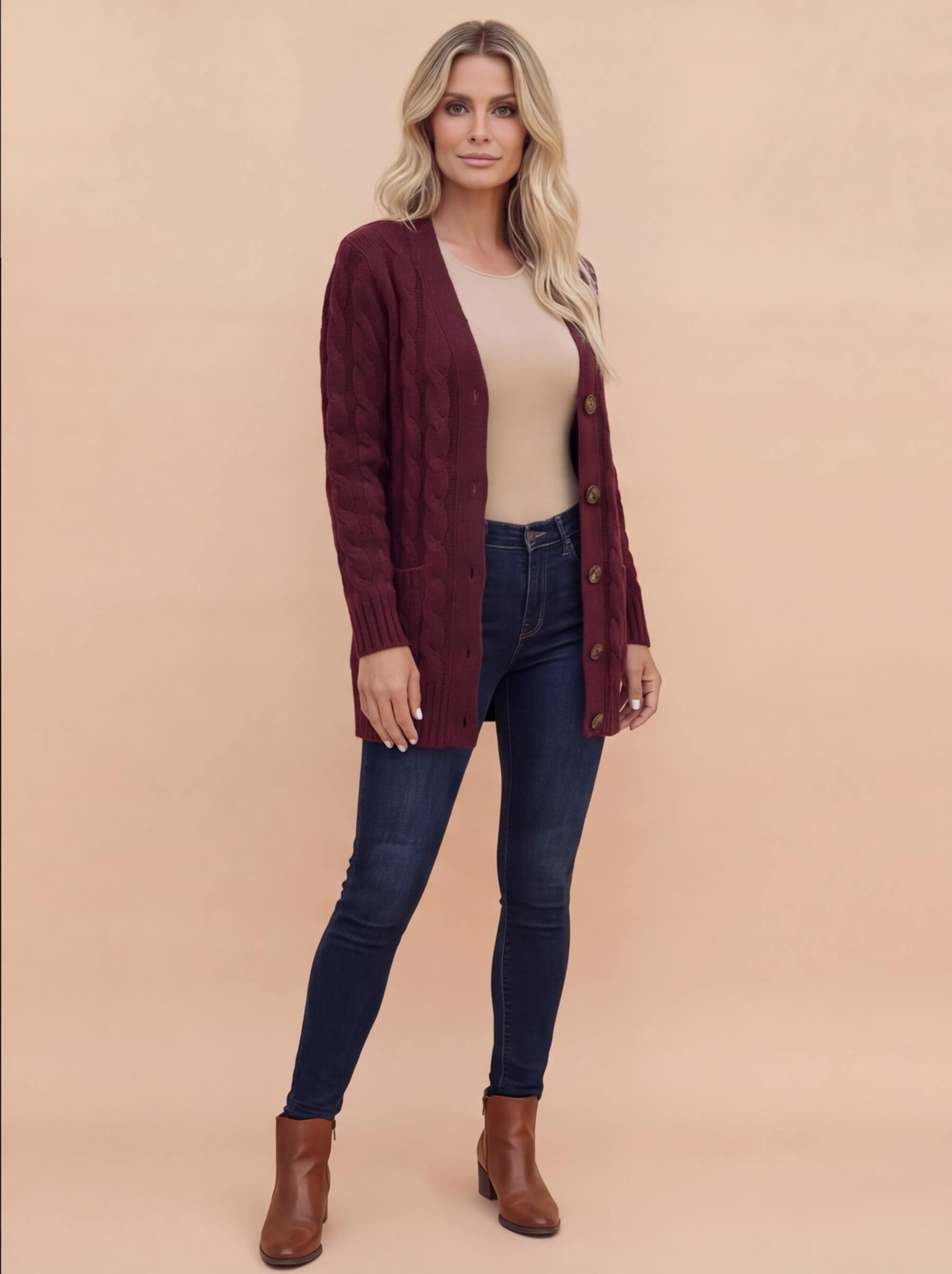Women’s Cable Knit Cardigan – Button Front & Cozy Loose Fit