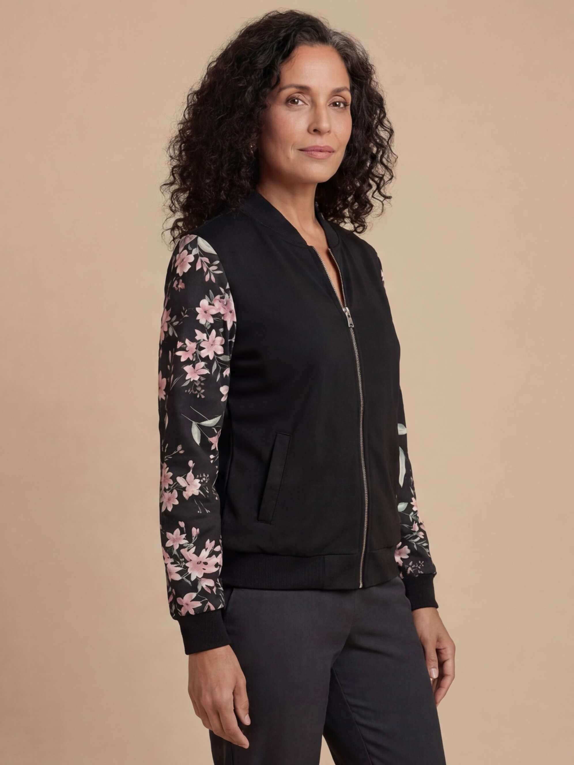 Women’s Floral Zip-Up Jacket – Baseball Collar - Spring/Fall