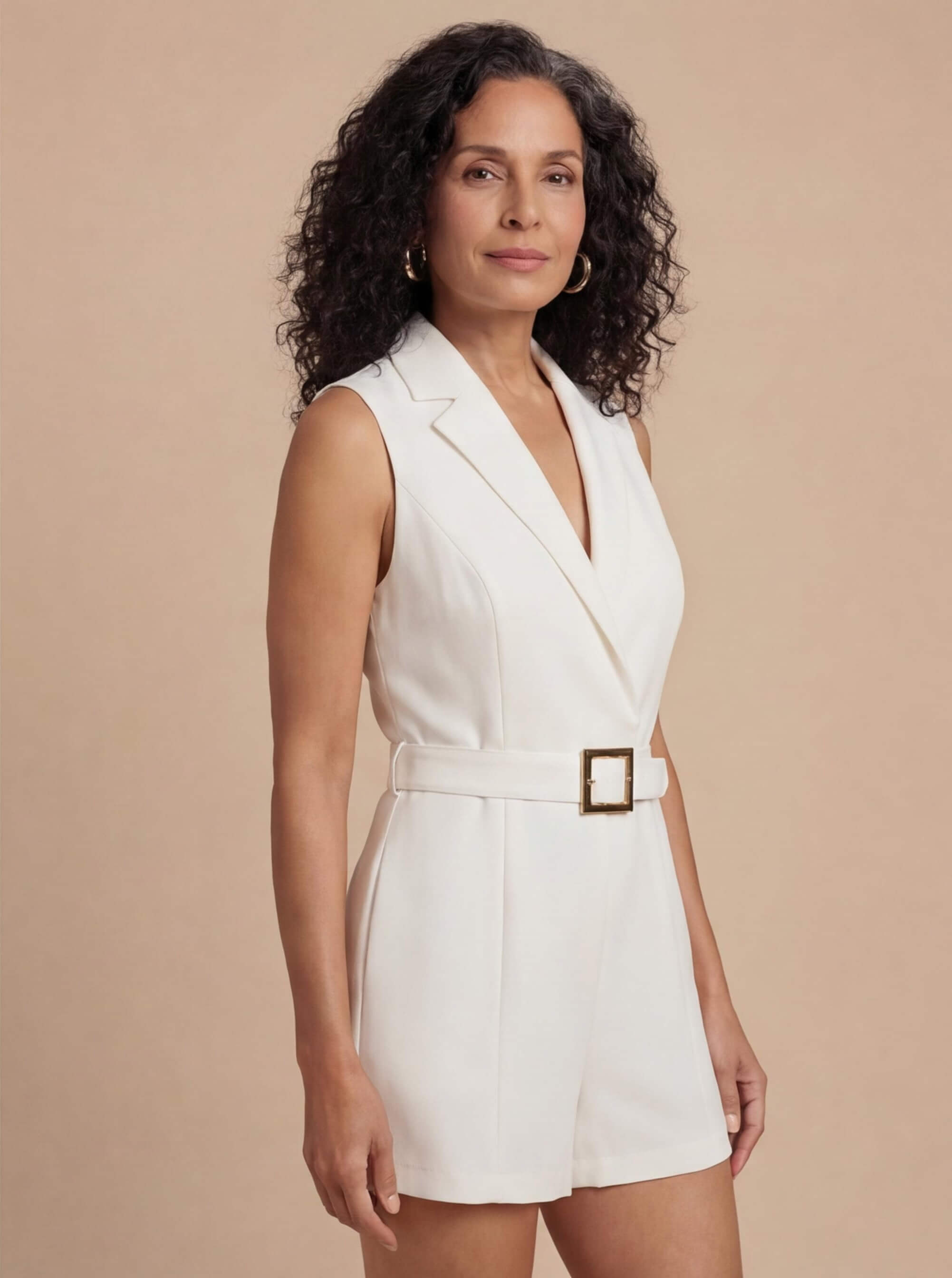 Sleeveless Plunging V-Neck Belted Romper