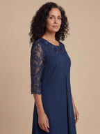 Plus Size Women’s Elegant Chiffon Dress – Embroidered Lace Yoke & Flowing Layered Hem