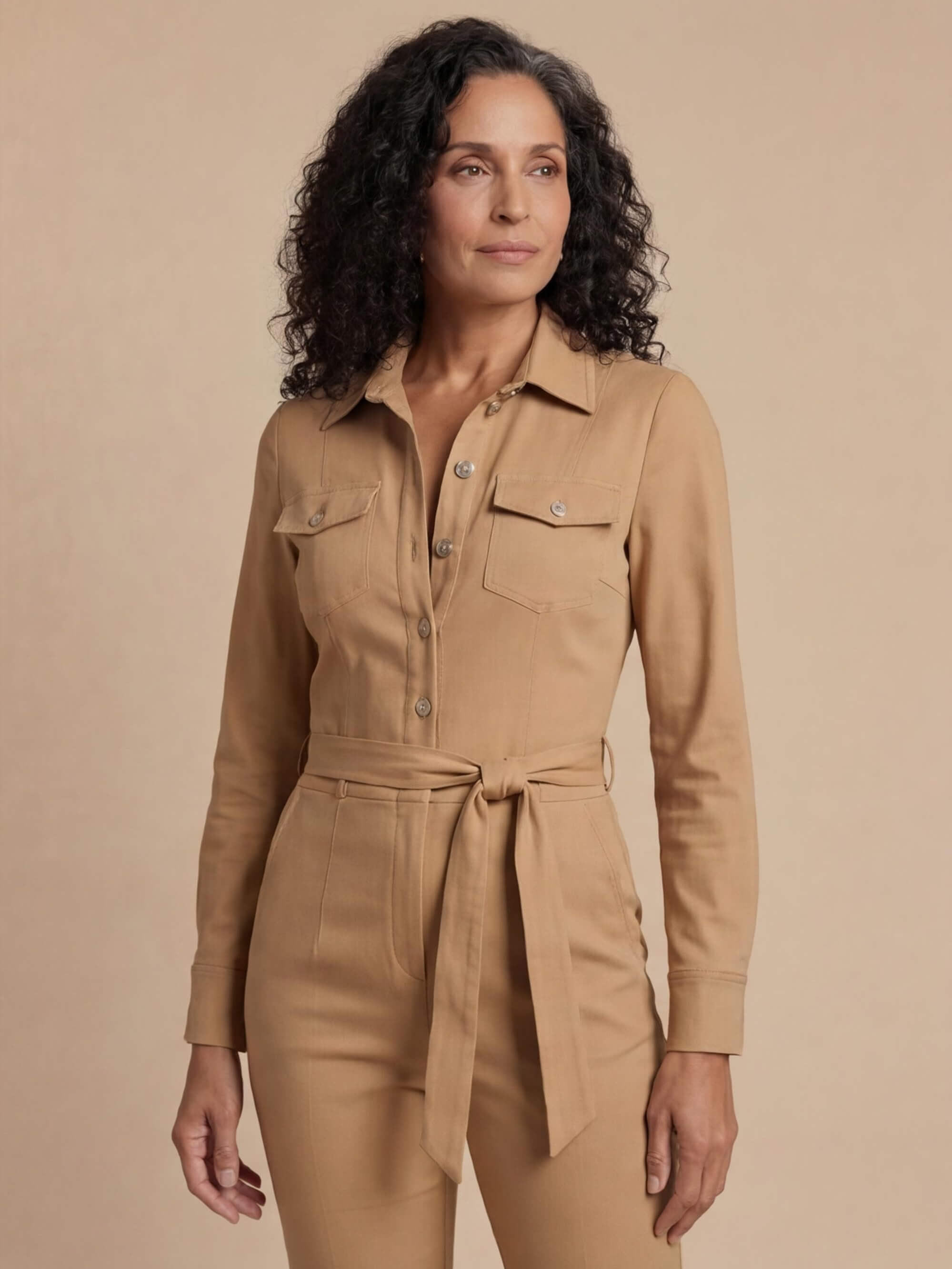 Women’s Camel Tailored Zip-Front Jumpsuit – Modern Power & Refined Elegance