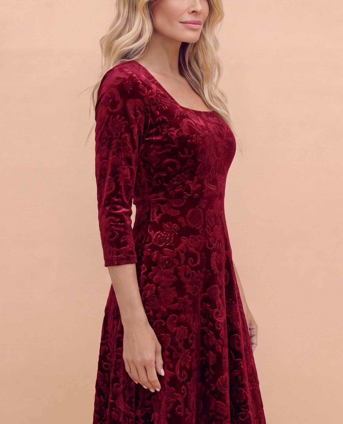 Women’s Embroidered Velvet-Look Square Neck Midi Dress