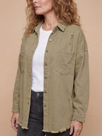 Women’s Washed Denim Overshirt Jacket – Frayed Hem, Chest Pockets &Relaxed Retro Fit
