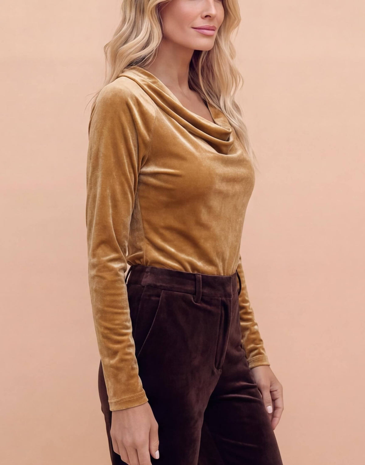 Women’s Velvet-Look Cowl Neck Long-Sleeve Top