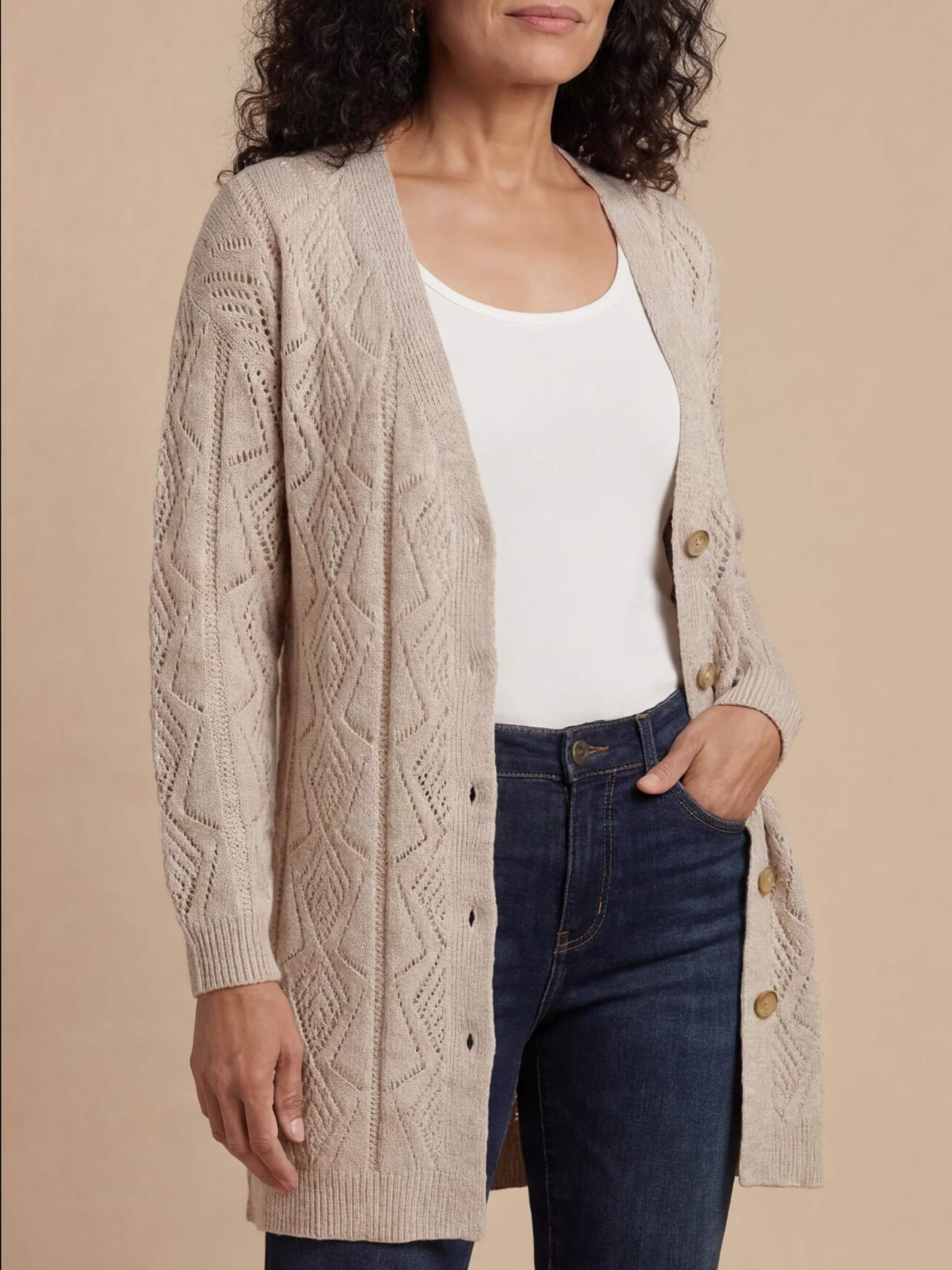 Women’s Elegant Textured Knit Cardigan – Soft V-Neck & Relaxed Spring Comfort