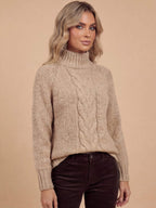 Women’s High-Neck Cable Knit Sweater – Cozy Loose Fit & Ribbed Hem Detail