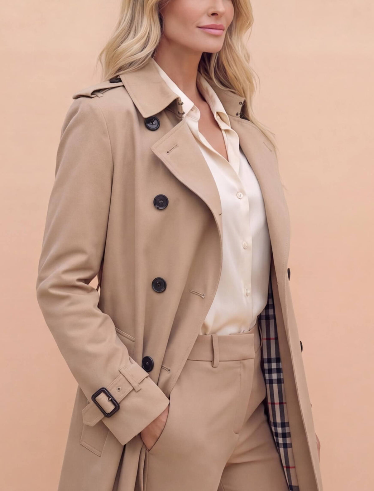 Women’s Belted Double-Breasted Trench Coat with Buckle Cuffs