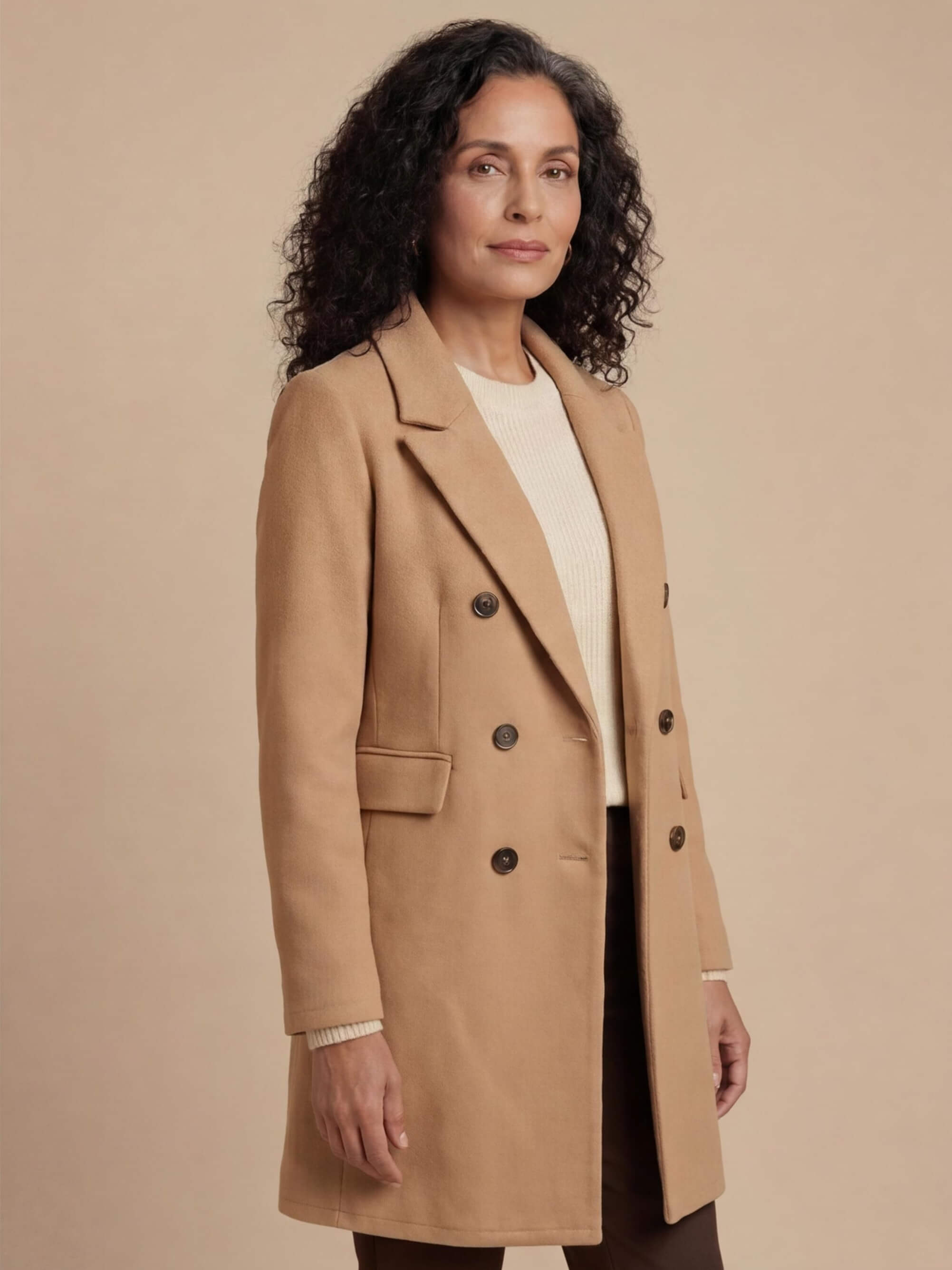 Women’s Double-Breasted Mid-Length Coat – Tailored Lapel & Waist-Defining Fit