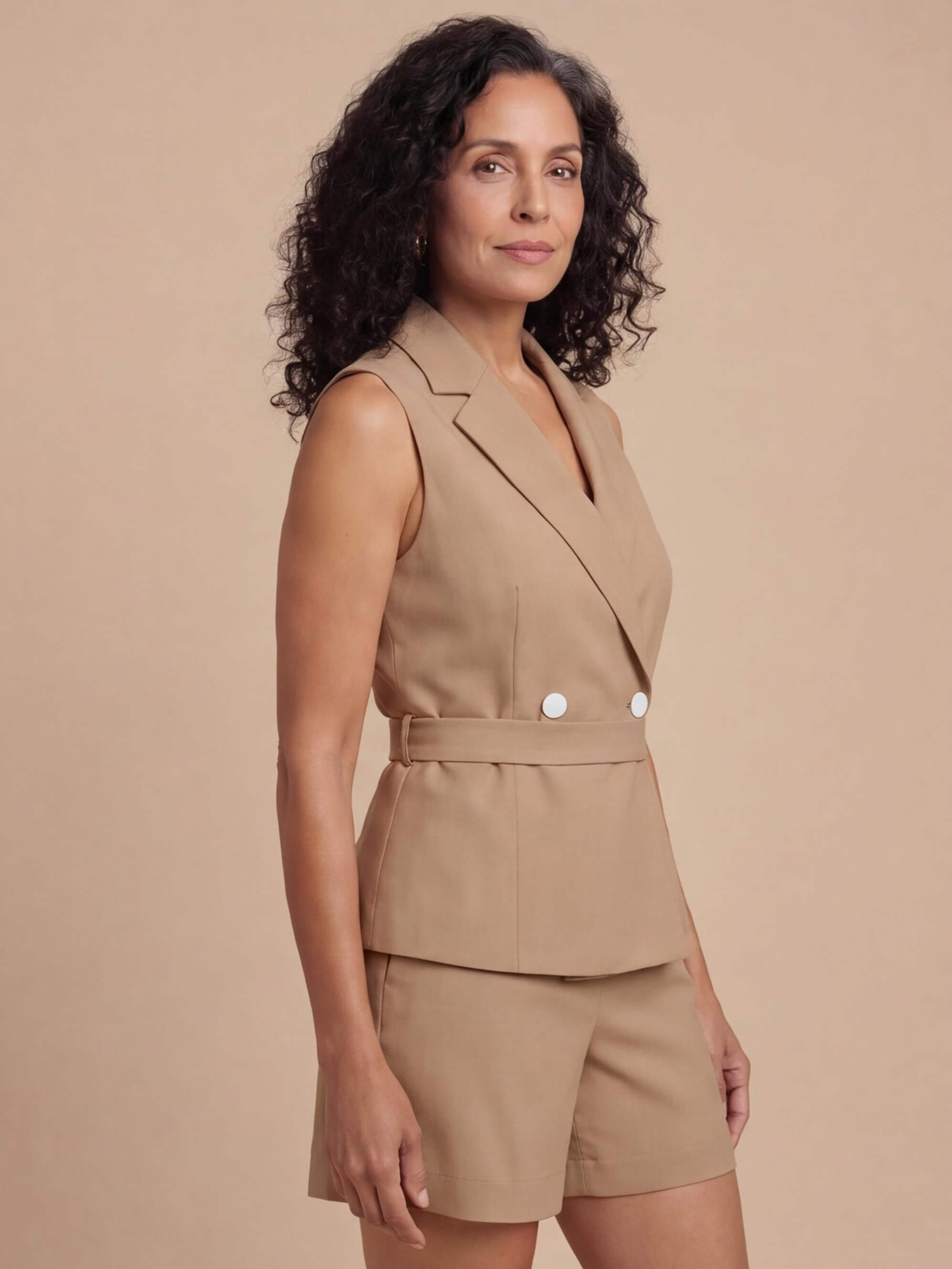 Women’s Khaki Lapel Collar Romper with Asymmetric Wrap Front
