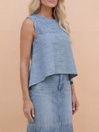 Women’s Denim Two-Piece Set with Asymmetrical Top & Fringed Skirt – Modern Movement & Daytime Style