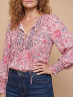 Women’s Floral Tie Neck Smocked Sleeve Blouse