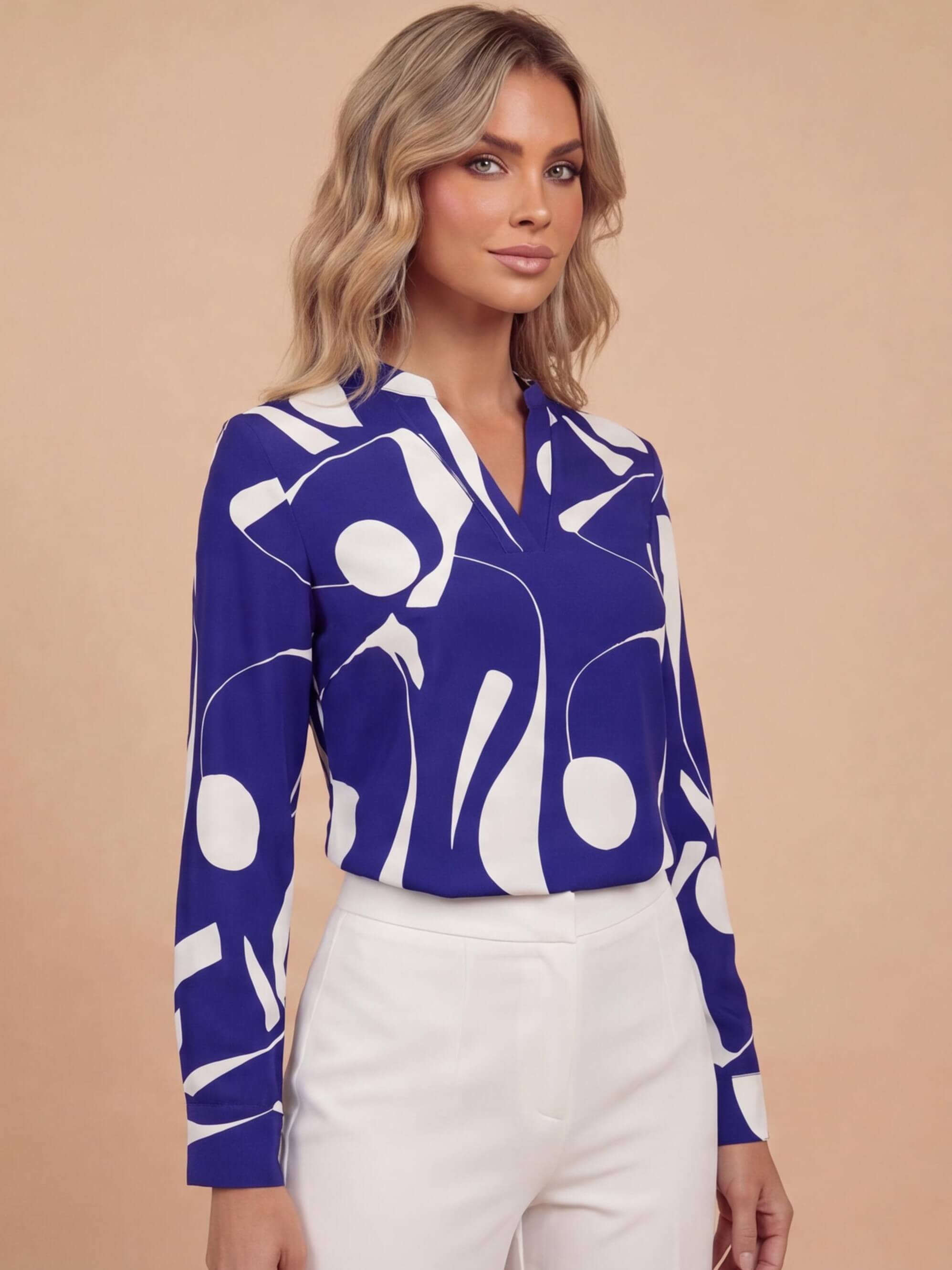 Women’s Elegant Abstract Blouse – Split Neck Design