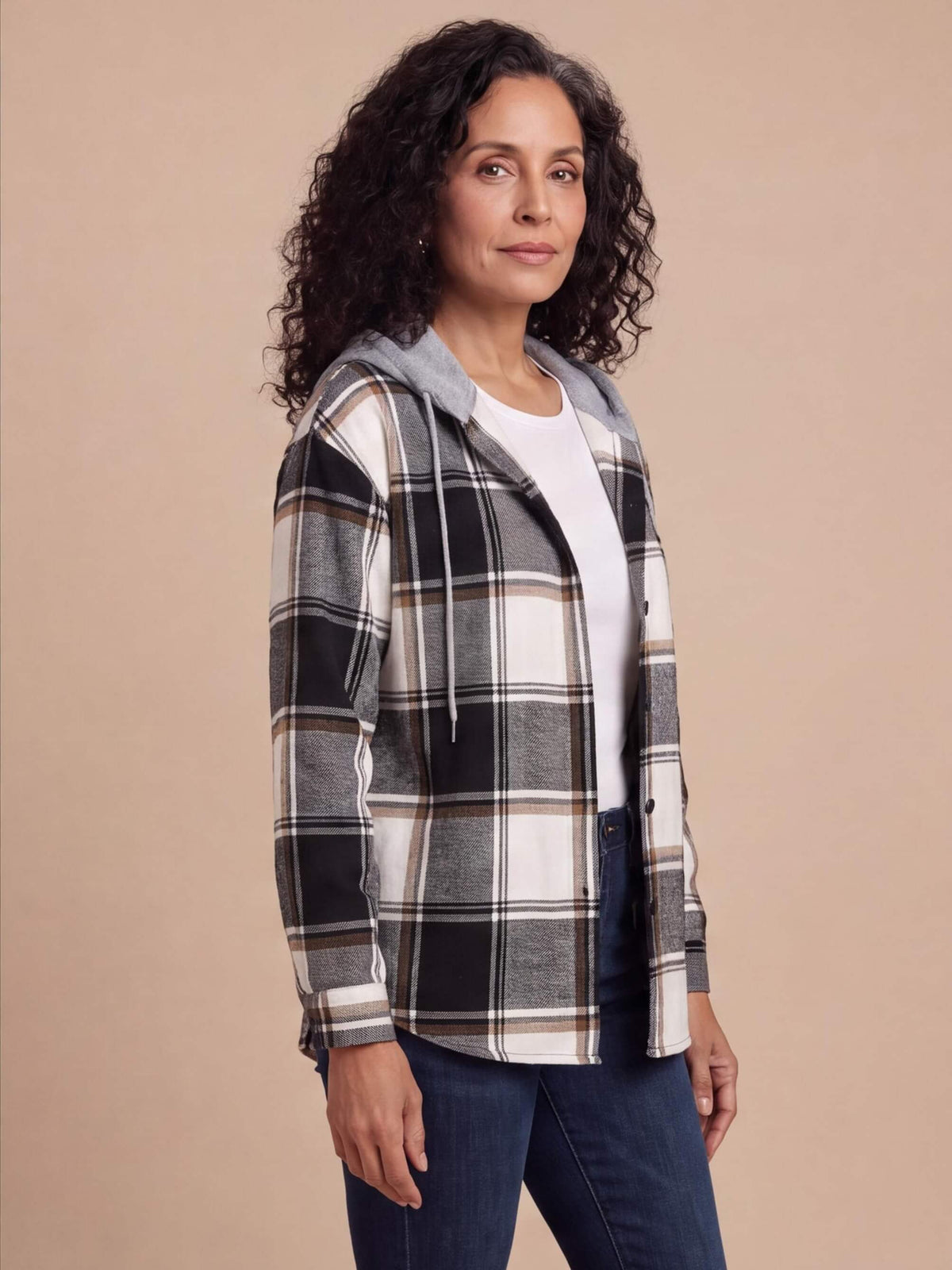 Women’s Hooded Plaid Button-Up Jacket
