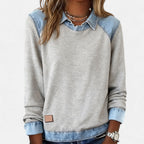 Women’s Denim Collar Detail Long-Sleeve Knit Top