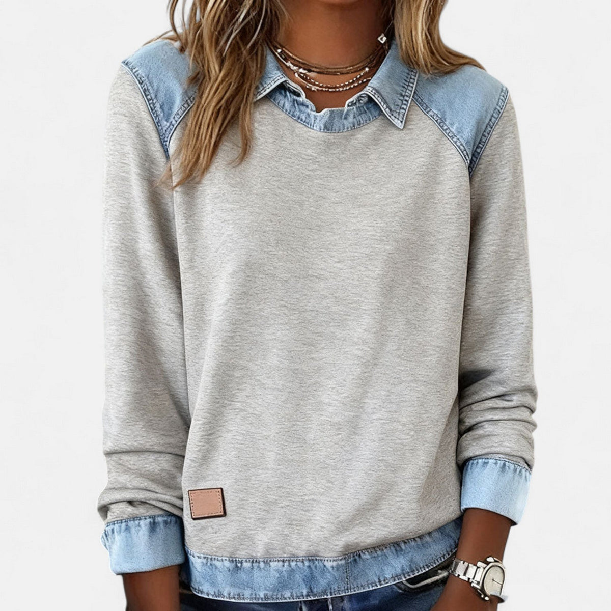 Women’s Denim Collar Detail Long-Sleeve Knit Top