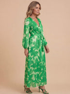 Women’s Dress – Deep V-Neck Long-Sleeve Satin Maxi Dress