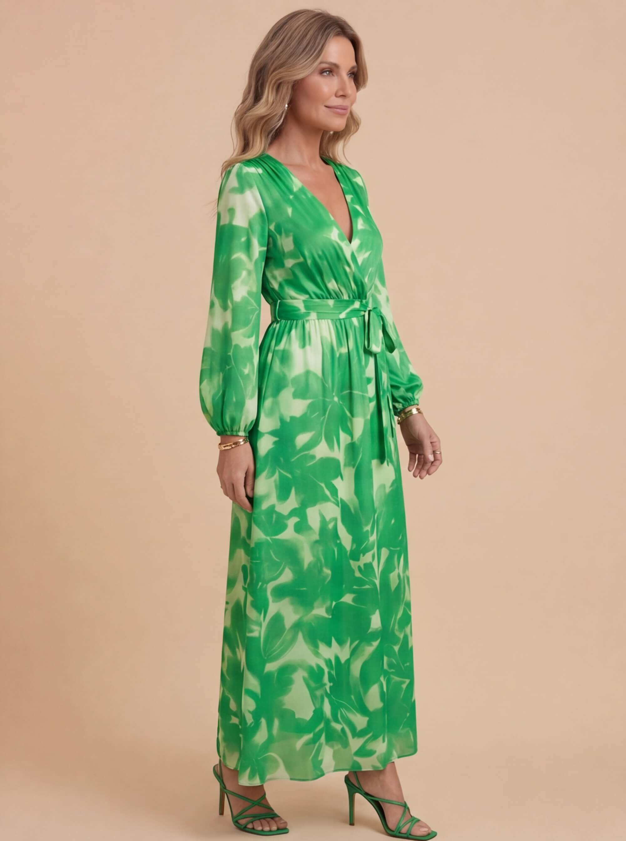 Women’s Dress – Deep V-Neck Long-Sleeve Satin Maxi Dress