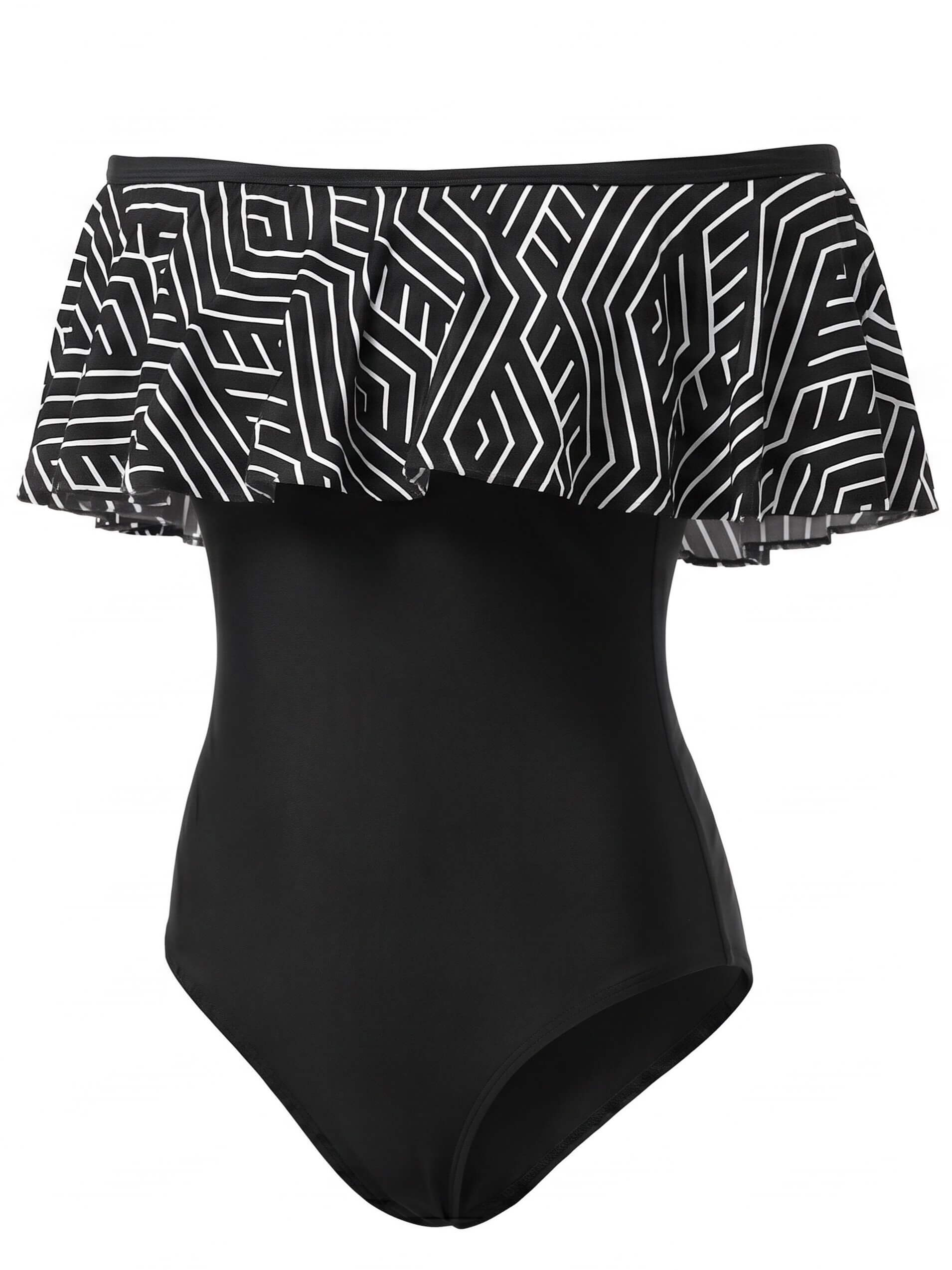 Women’s Off-Shoulder Geometric Ruffle One-Piece Swimsuit