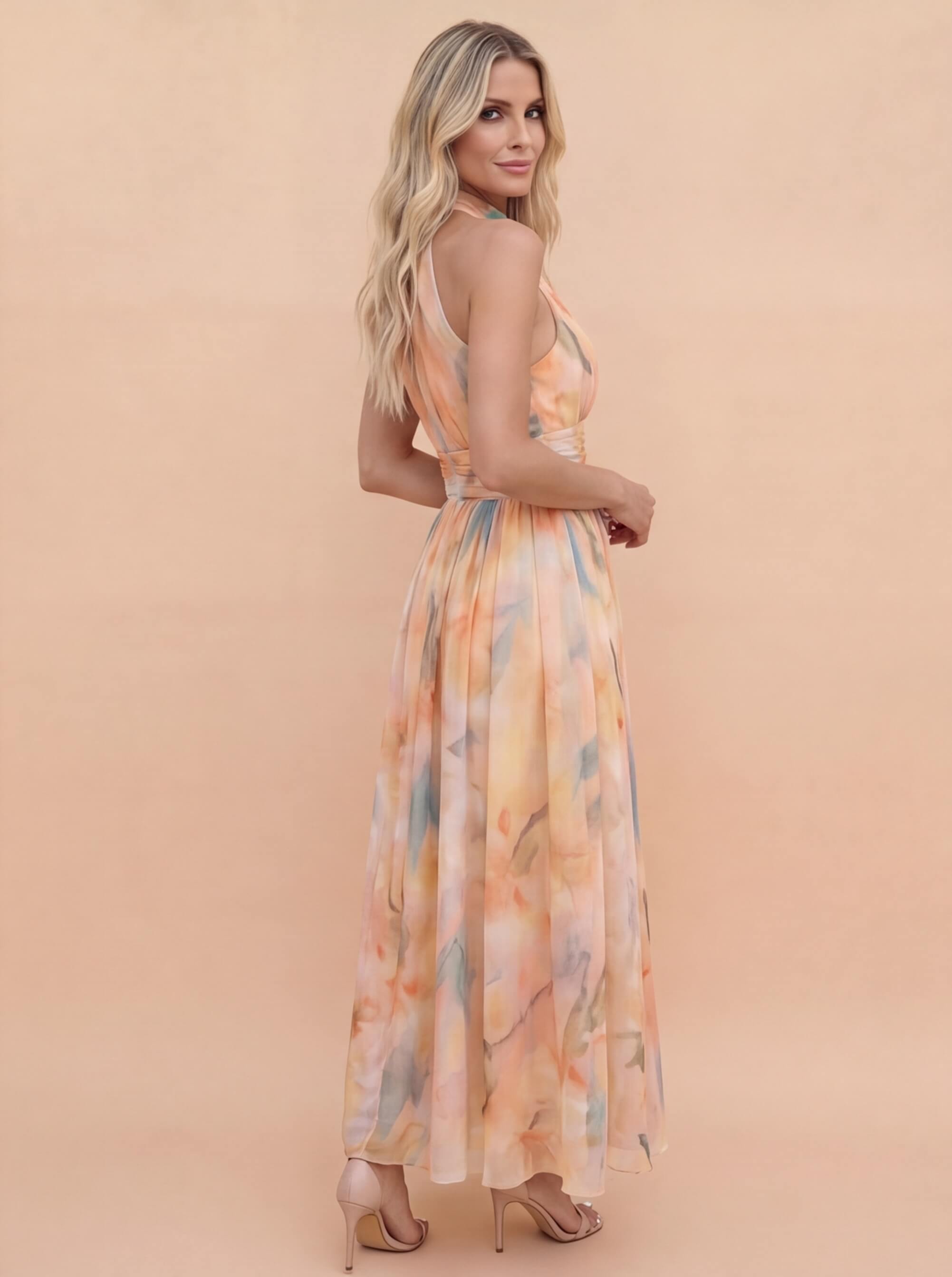 Women’s Elegant Halter Maxi Dress – Flowing Watercolour Design