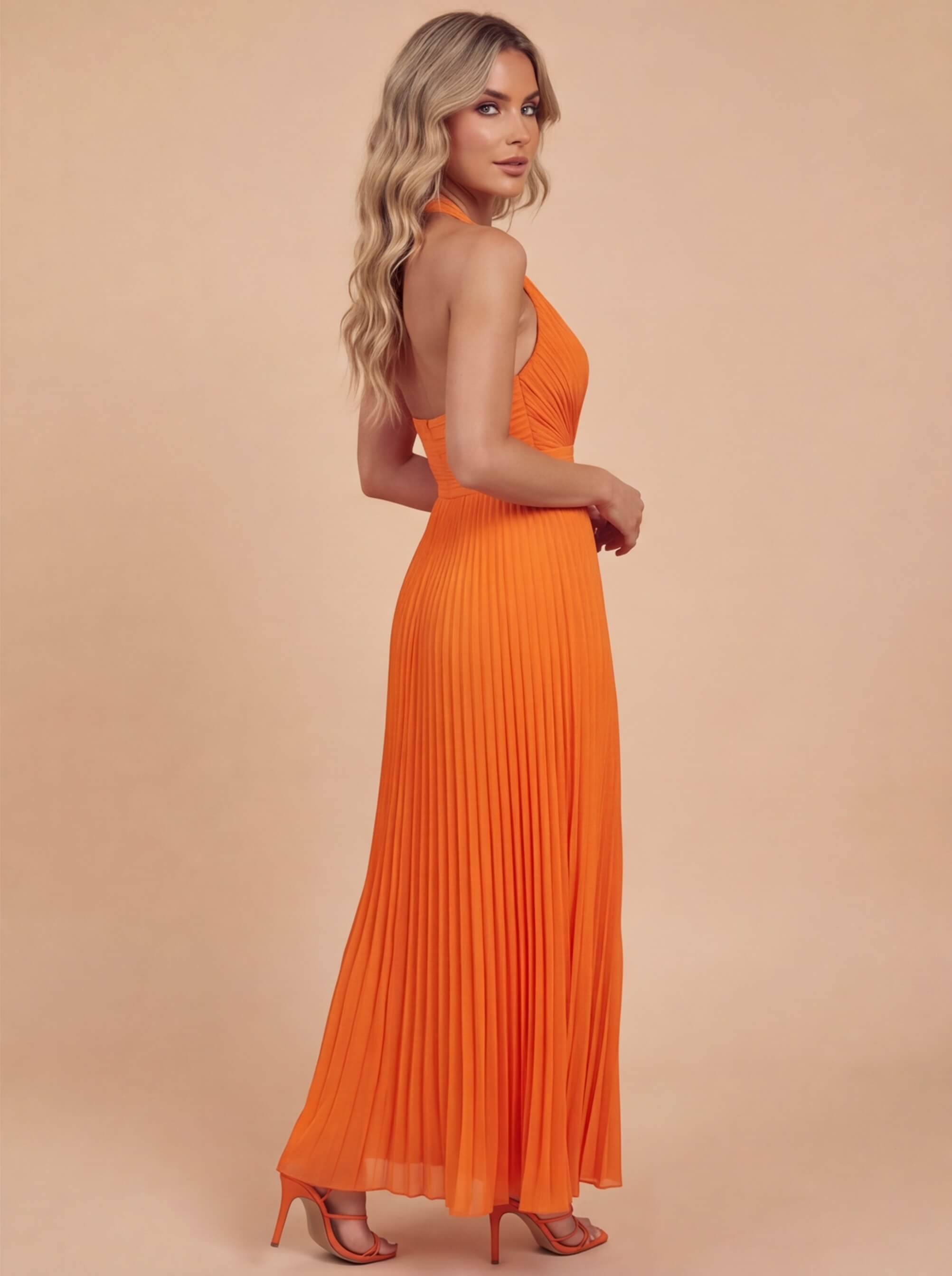 Elegant Halter Neck Pleated Maxi Dress Label-Lahra Elegant Halter Neck Pleated Maxi Dress Label-Lahra