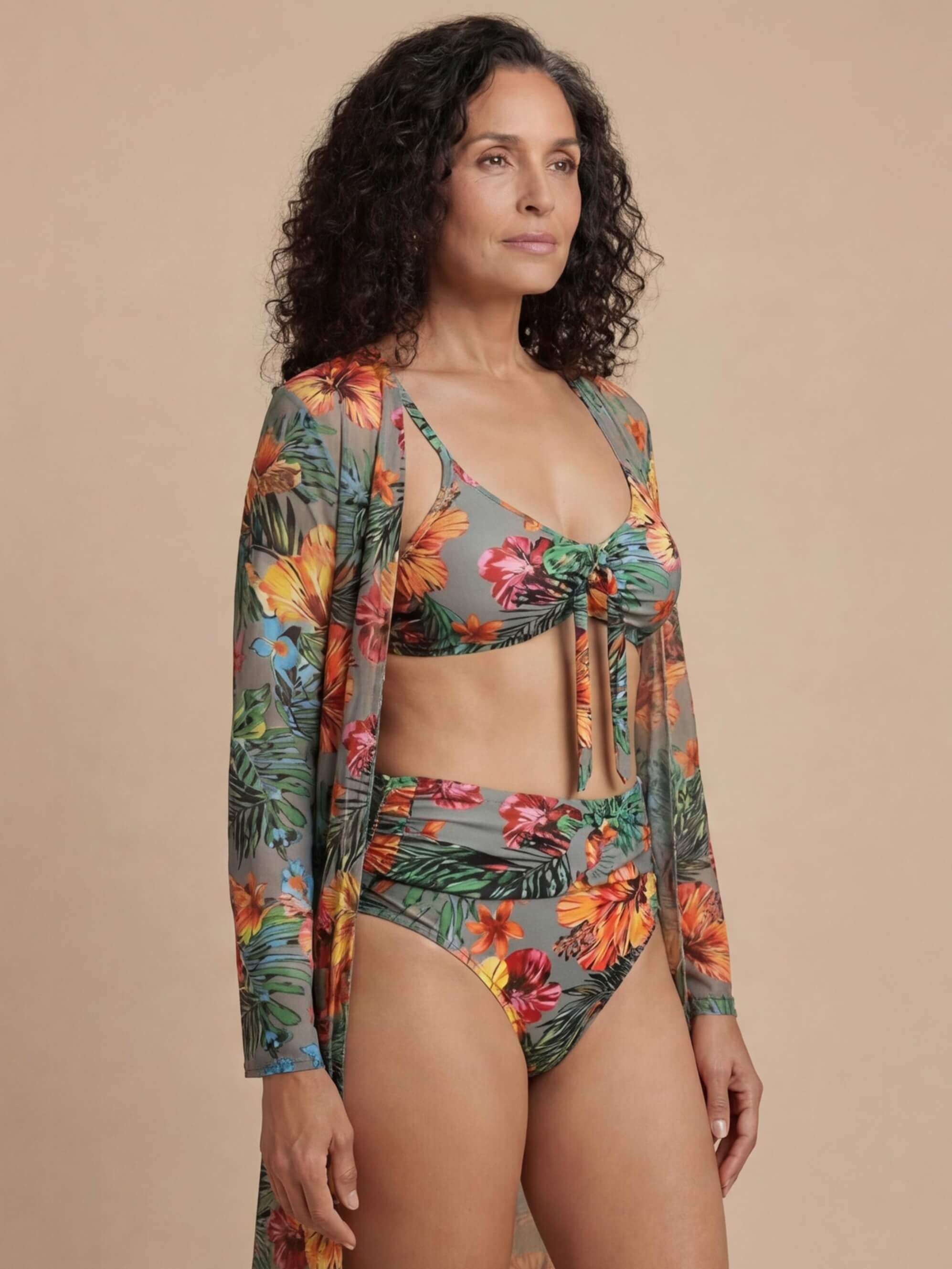 Women’s Tropical Three-Piece Bikini Set with Cover-Up