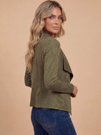 Women’s Elegant Faux Suede Jacket – Waterfall Lapel & Open-Front Layering