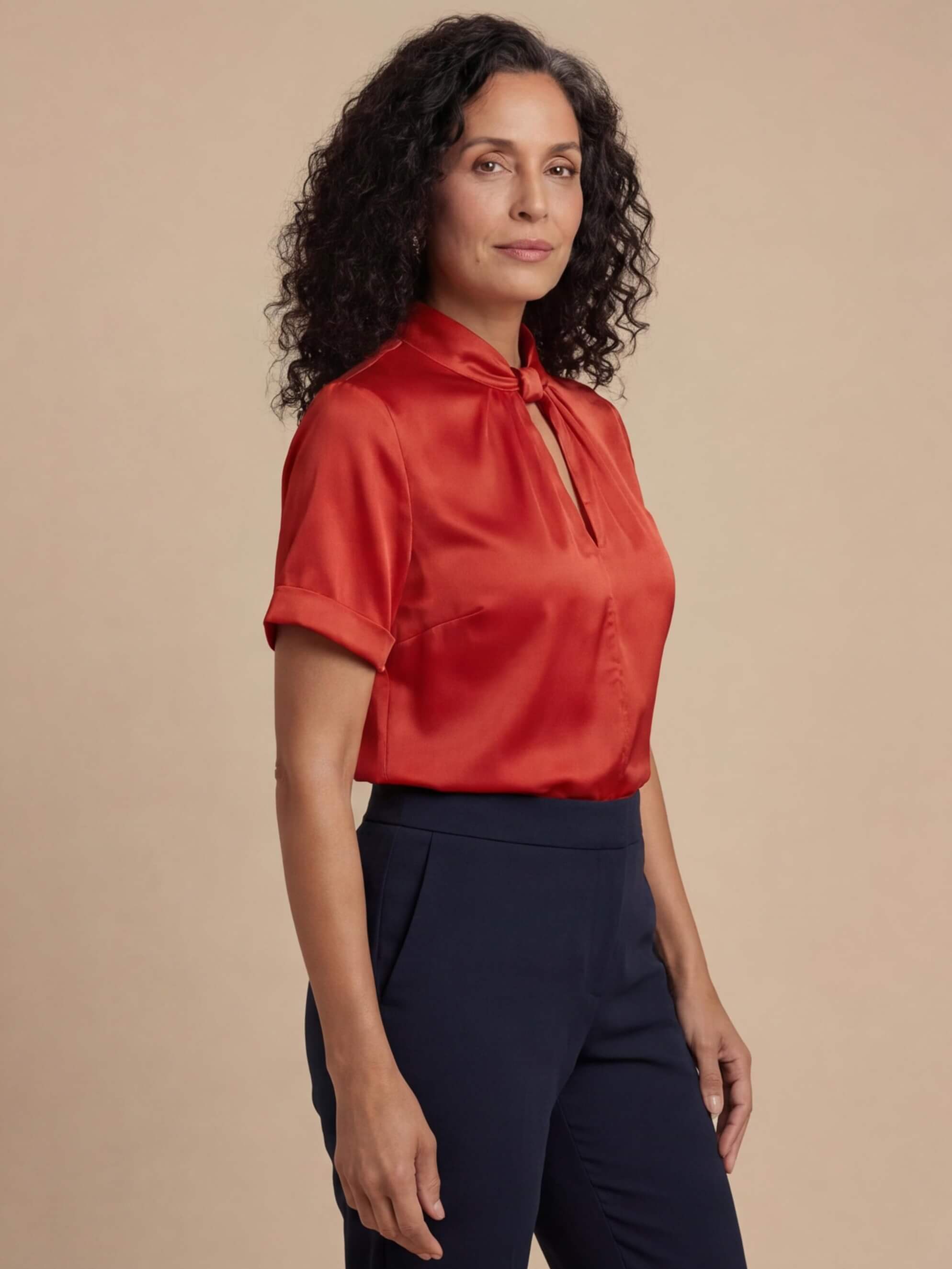 Satin Blouse with Keyhole Neckline and Short Sleeves