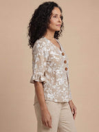 Women’s Floral Button Front Ruffle Sleeve Blouse