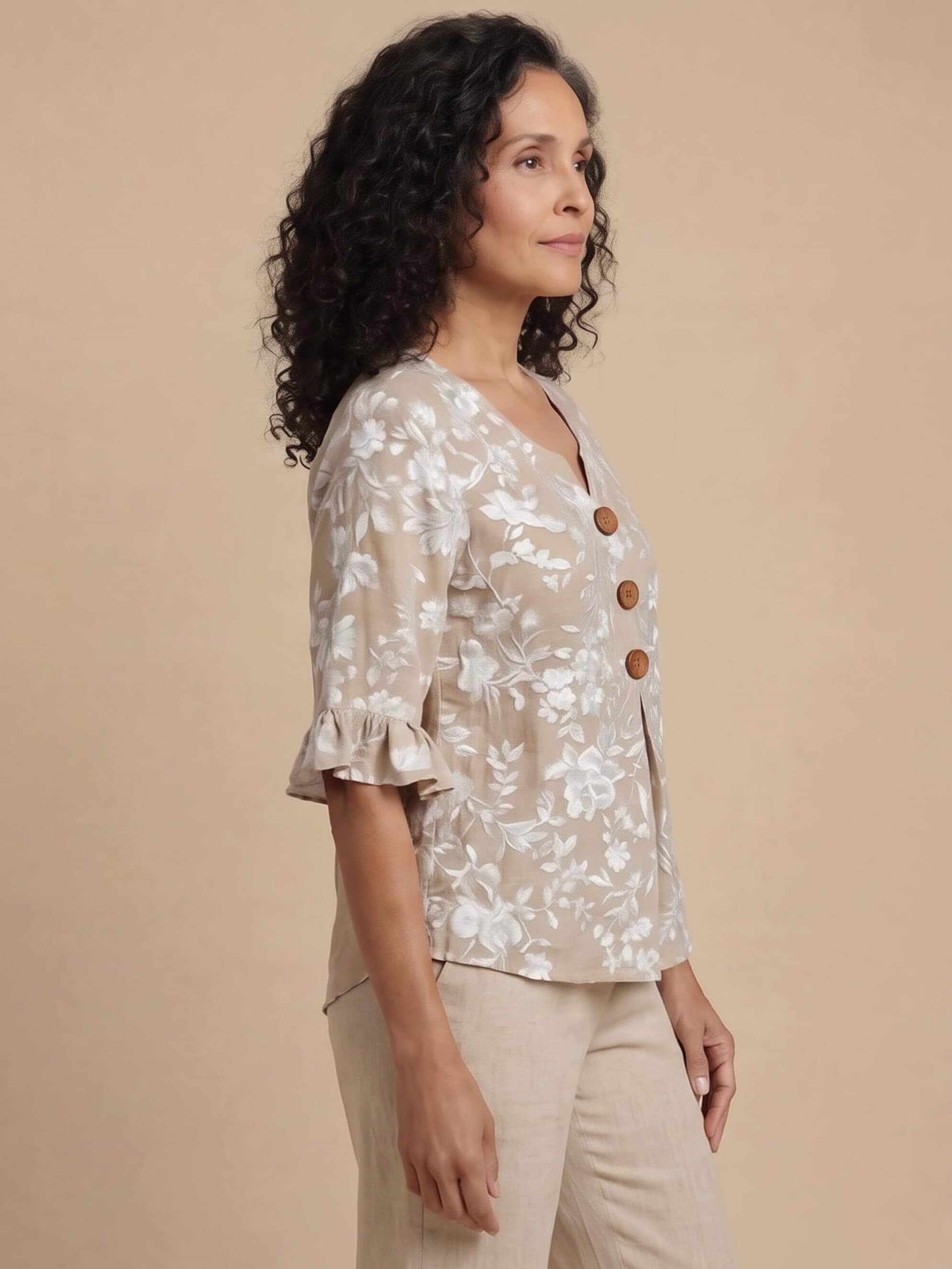 Women’s Floral Button Front Ruffle Sleeve Blouse