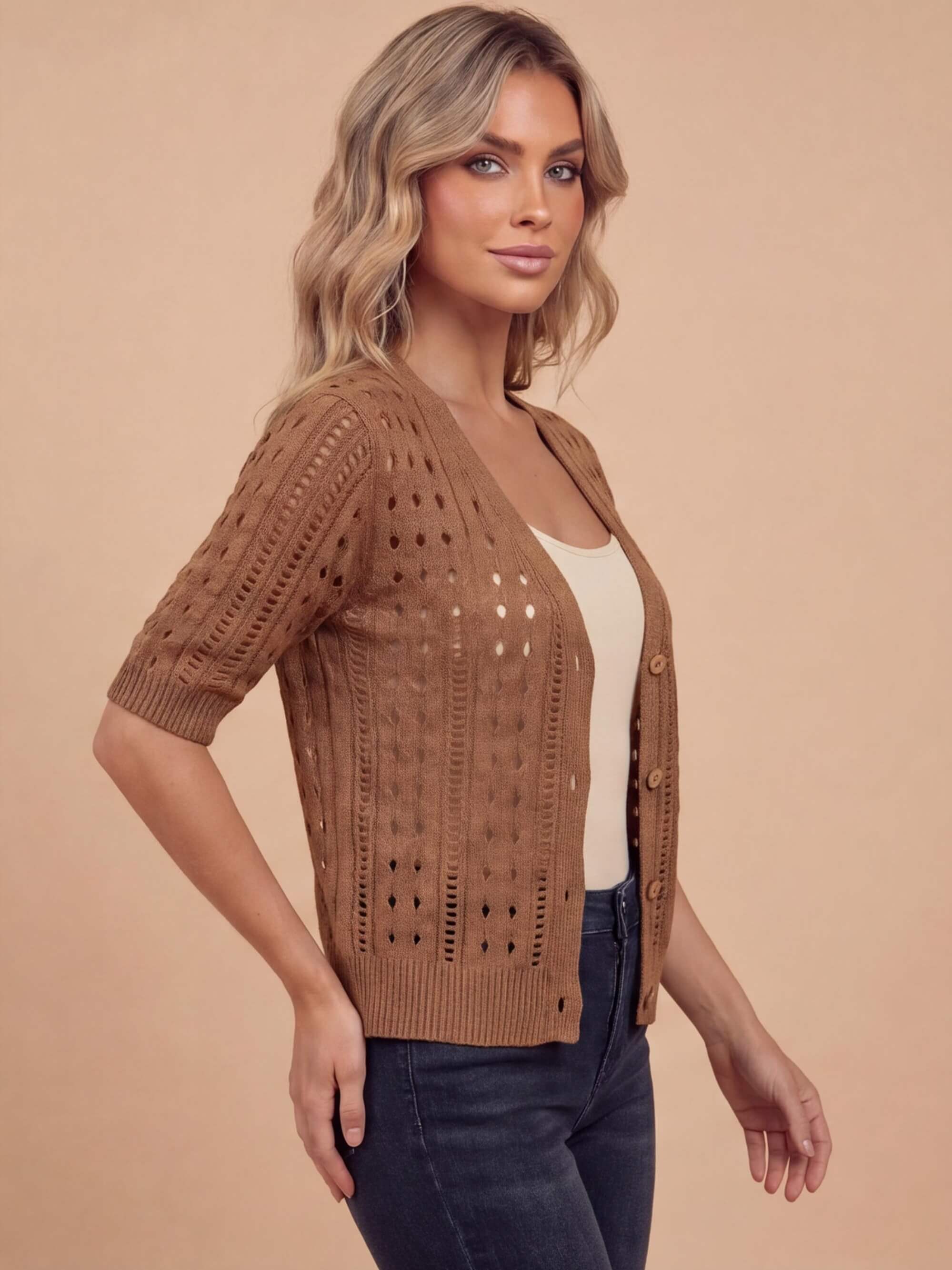 Women’s Crochet Knit Cardigan – V-Neck Button Front & Lightweight Elegance