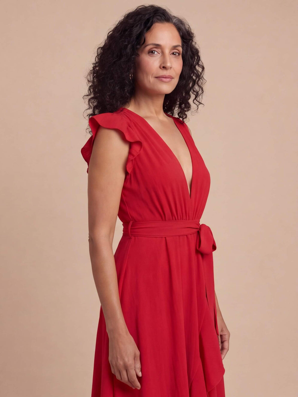 Women’s Sleeveless V-Neck High-Low Ruffle Maxi Dress