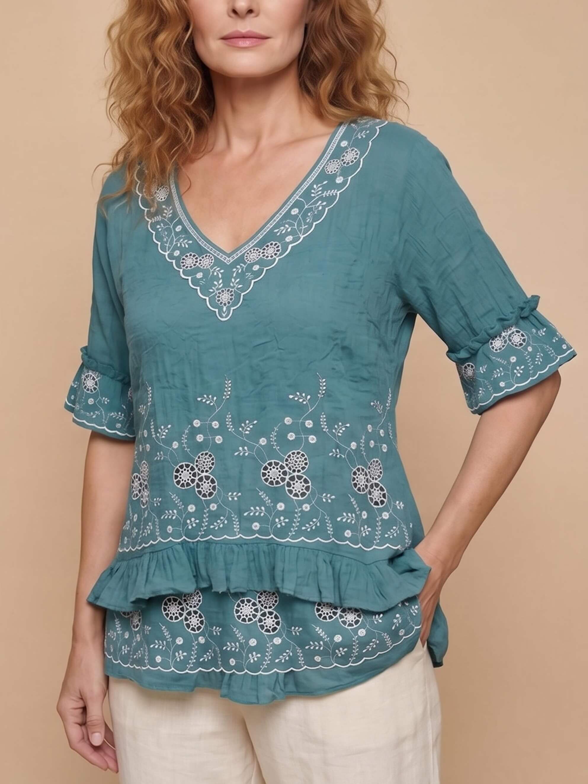 Women’s Embroidered V-Neck Ruffle Hem Blouse